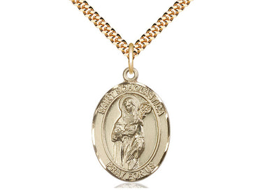14kt gold filled St. Scholastica patron saint medal necklace with 24 inch curb chain, 1x3/4 inch pendant, handcrafted by Bliss Manufacturing
