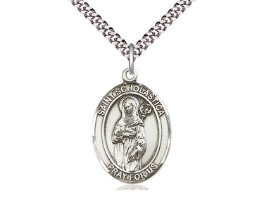 Sterling Silver St. Scholastica Patron Saint Medal Necklace 1 inch by 3/4 inch on 24 inch Chain by Bliss
