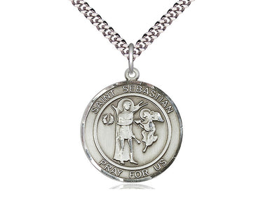 Sterling Silver St. Sebastian Patron Saint Medal Necklace 1 inch x 5/8 inch on 24 inch curb chain handcrafted by Bliss Manufacturing USA