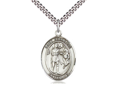 Sterling Silver St. Sebastian Patron Saint Medal Necklace 1 inch x 3/4 inch on 24 inch curb chain handcrafted by Bliss Manufacturing USA