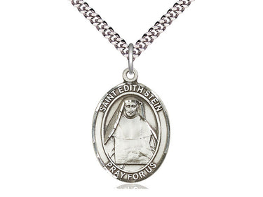 Sterling silver St. Edith Stein patron saint medal necklace with 1x3/4 inch pendant on 24 inch curb chain by Bliss Manufacturing
