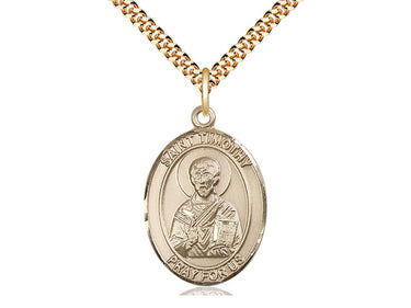 14kt Gold Filled St. Timothy patron saint medal necklace with 24 inch chain, 1 x 3/4 medal, handcrafted by Bliss Manufacturing USA