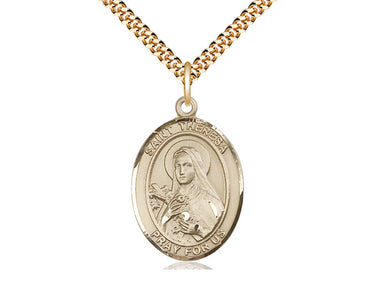14kt Gold Filled St. Theresa patron saint medal necklace with 24 inch chain, 1 x 3/4 medal, handcrafted by Bliss Manufacturing USA