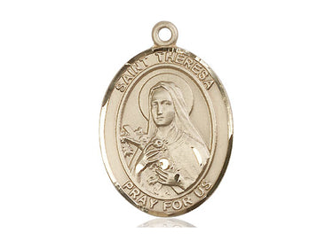 14kt solid gold St. Theresa medal pendant, 1 inch by 3/4 inch, handcrafted in USA by Bliss Manufacturing