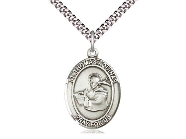 Sterling silver St. Thomas Aquinas patron saint medal necklace, 1 inch by 3/4 inch pendant on 24 inch chain, handcrafted by Bliss Manufacturing