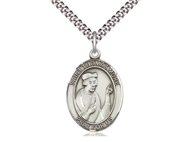 Sterling silver St. Thomas More patron saint medal necklace, 1 inch by 3/4 inch pendant on 24 inch chain, handcrafted by Bliss Manufacturing