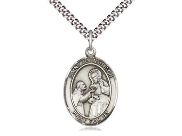 Sterling silver St. John of God patron saint medal necklace with 24 inch curb chain by Bliss Manufacturing