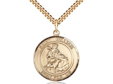 Gold Filled St. William of Rochester patron saint medal necklace with 1x5/8 inch pendant on 24 inch curb chain by Bliss Manufacturing
