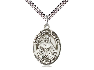 Sterling Silver St. Julie Billiart patron saint medal necklace with 1x3/4 inch pendant on 24 inch curb chain by Bliss Manufacturing