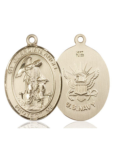 14kt Solid Gold Guardian Angel Medal Pendant 1 inch by 3/4 inch Navy Edition Handmade by Bliss