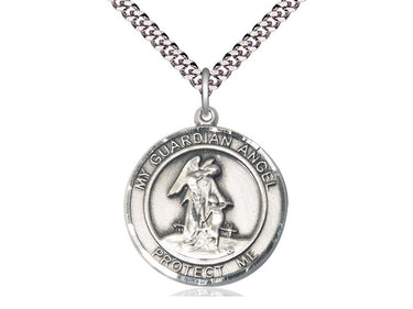 Sterling silver Guardian Angel pendant necklace 1 x 5/8 inch medium with 24 inch curb chain by Bliss Manufacturing USA