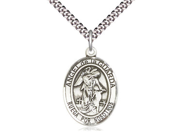 Sterling silver Angel de la Guarda pendant necklace 1 x 3/4 inch medium with 24 inch curb chain by Bliss Manufacturing USA
