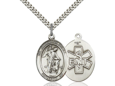 Sterling Silver Guardian Angel EMT Medal Necklace 1 inch by 3/4 inch on 24 inch chain handcrafted by Bliss