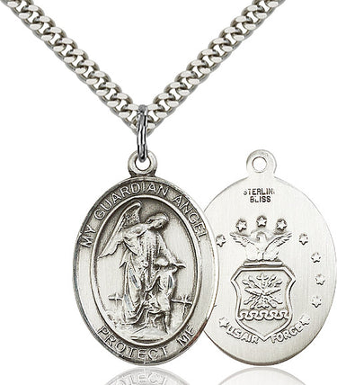 Sterling silver Guardian Angel pendant necklace 1x3/4 inches with 24 inch curb chain handcrafted by Bliss Manufacturing