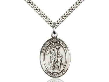 Sterling silver Guardian Angel pendant necklace 1 x 3/4 inch medium with 24 inch curb chain by Bliss Manufacturing USA