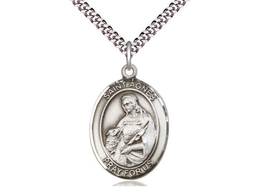 Sterling Silver St. Agnes of Rome Patron Saint Medal Necklace 1x3/4 inch on 24 inch chain by Bliss