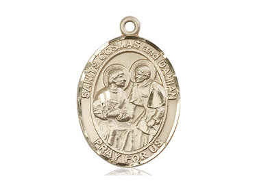 14kt solid gold Sts. Cosmas and Damian patron saint medal pendant 1 x 3/4 inch handcrafted by Bliss Manufacturing