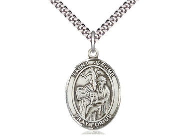 Sterling Silver St. Jerome patron saint medal necklace with 1x3/4 inch pendant on 24 inch curb chain by Bliss Manufacturing