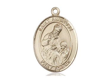 14kt solid gold St. Ambrose patron saint medal pendant, 1 inch by 3/4 inch, handcrafted by Bliss