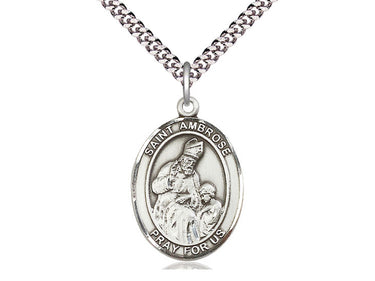 Sterling Silver St. Ambrose Patron Saint Medal Necklace 1x3/4 inch on 24 inch chain by Bliss