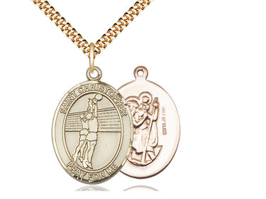 14kt gold filled St. Christopher volleyball medal necklace, 1 x 3/4 inch pendant on 24 inch chain, USA made by Bliss