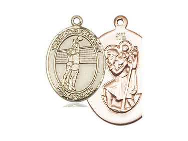 14kt solid gold St. Christopher volleyball medal pendant, medium 1 x 3/4 inch, handcrafted in USA by Bliss Manufacturing