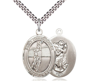 Sterling silver St. Christopher volleyball medal necklace, 1 x 3/4 inch pendant on 24 inch chain, USA made by Bliss