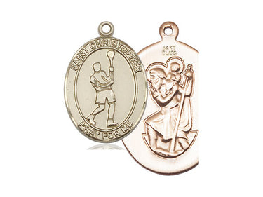 14kt Solid Gold St. Christopher Lacrosse Medal Pendant 1 x 3/4 inches by Bliss Manufacturing USA