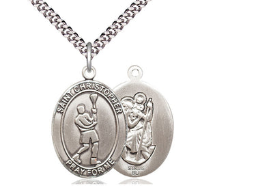 Sterling Silver St. Christopher Lacrosse Medal Necklace 1 inch x 3/4 inch pendant on 24 inch chain handmade by Bliss