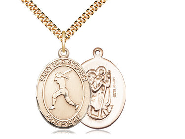 14kt Gold Filled St. Christopher Softball Medal Necklace 1 inch by 3/4 inch on 24 inch chain by Bliss