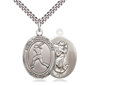 Sterling Silver St. Christopher Softball Medal Necklace 1 inch by 3/4 inch on 24 inch chain by Bliss