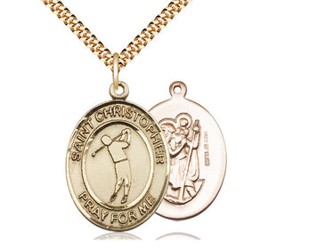 14kt gold filled St. Christopher golf medal necklace 1 x 3/4 inch pendant on 24 inch curb chain handcrafted in USA by Bliss Manufacturing