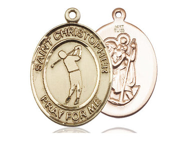 14kt solid gold St. Christopher golf medal pendant, 1 inch by 3/4 inch, handcrafted in USA by Bliss