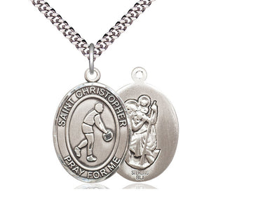 Sterling Silver St. Christopher Basketball Medal Necklace 1 inch by 3/4 inch with 24 inch chain by Bliss