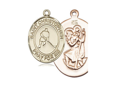 14kt solid gold St. Christopher ice hockey medal pendant, 1 inch by 3/4 inch, handcrafted by Bliss Manufacturing