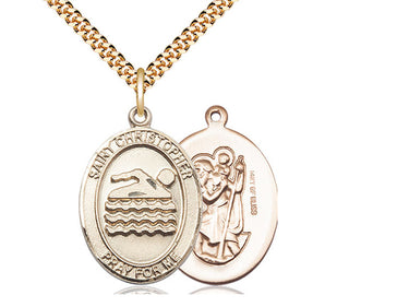 14kt Gold Filled St. Christopher Patron Saint Medal Necklace with Swimming Motif 1 x 3/4 inch on 24 inch Chain by Bliss