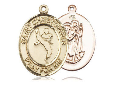 14kt solid gold St. Christopher patron saint medal pendant, 1 inch by 3/4 inch medium size, handcrafted by Bliss Manufacturing USA