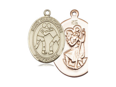 14kt Solid Gold St. Christopher Wrestling Medal Pendant, 1 x 3/4 inch, handcrafted by Bliss Manufacturing USA