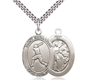Sterling Silver St. Sebastian Baseball Medal Necklace 1x3/4 inch pendant 24 inch chain Bliss USA