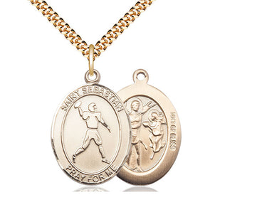 14kt gold filled St. Sebastian football medal necklace 1 inch by 3/4 inch pendant 24 inch chain Bliss