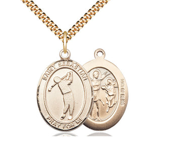 14kt gold filled St. Sebastian golf medal necklace with 1 inch pendant on 24 inch curb chain by Bliss