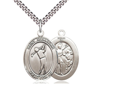 Sterling Silver St Sebastian Golf Medal Pendant 1 inch by 3/4 inch with 24 inch Chain by Bliss Manufacturing