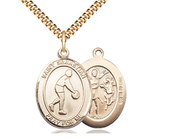 14kt gold filled St. Sebastian basketball medal necklace with 24 inch chain, handcrafted by Bliss