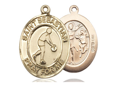14kt solid gold St. Sebastian basketball medal pendant, 1 inch by 3/4 inch, handcrafted by Bliss