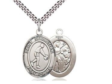 Sterling Silver St. Sebastian Basketball Medal Necklace 1 inch by 3/4 inch with 24 inch chain by Bliss