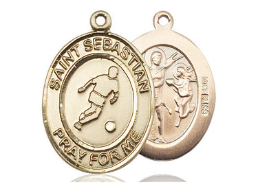 14kt Solid Gold St. Sebastian Soccer Medal Pendant 1 inch by 3/4 inch handcrafted by Bliss Manufacturing