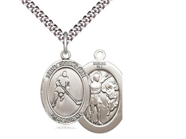 Sterling silver St. Sebastian ice hockey medal necklace with 24 inch chain by Bliss Manufacturing