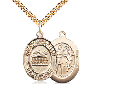14kt gold filled St. Sebastian patron saint medal necklace with 24 inch curb chain, medium 1x3/4 pendant, Bliss USA