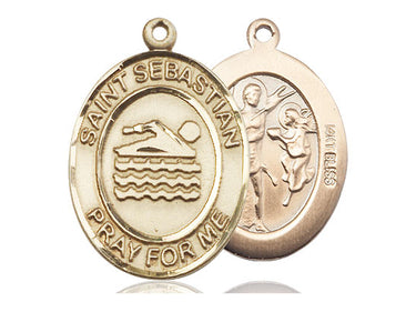 14kt solid gold St. Sebastian patron saint medal pendant, 1x3/4 inch medium size, handcrafted in USA by Bliss Manufacturing