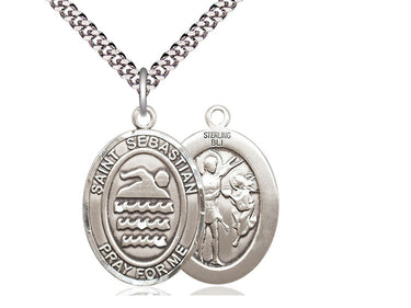 Sterling silver St. Sebastian patron saint medal necklace with 24 inch curb chain, medium 1x3/4 pendant, Bliss USA